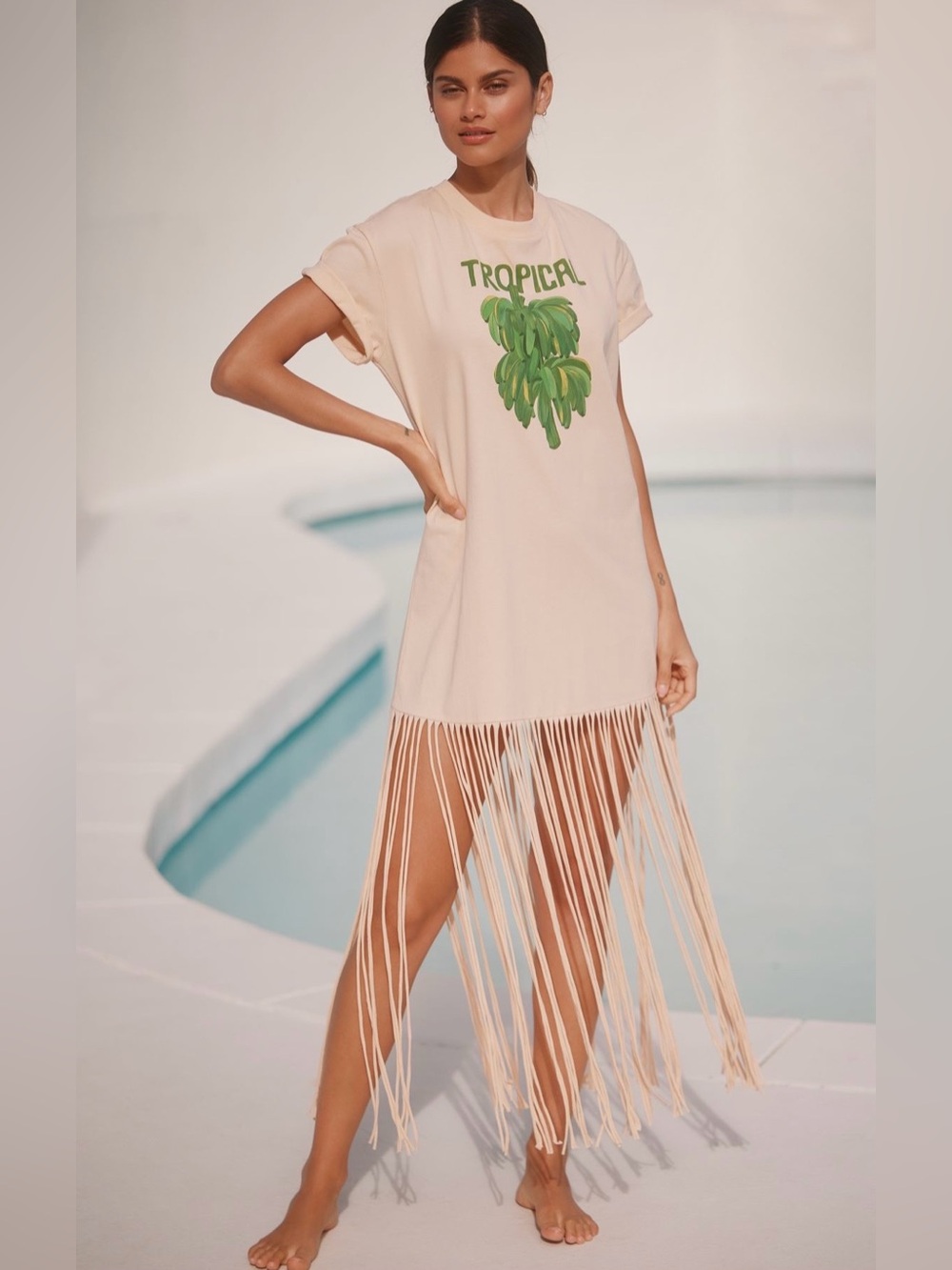 NWT Farm Rio for Anthropologie Tropical Banana Fringe T-Shirt Maxi Dress, S.